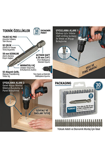 EMİRHANNALBUR Tomax Yıldız Bits Uç PH2 50 mm Şarjlı Matkap Vidalama Ucu ( Mat...