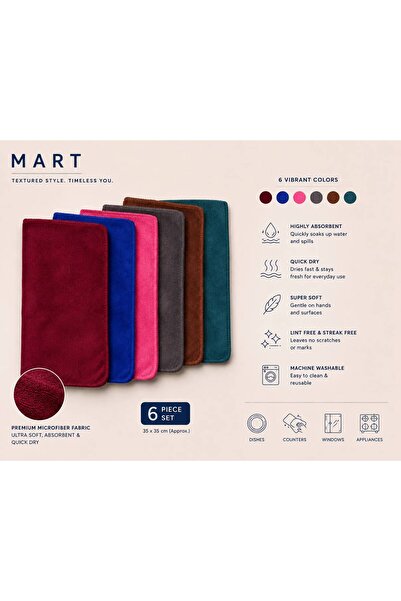 Mart Microfiber Cleaning Cloth Set, 6-Piece Pack (Kitchen, Car)