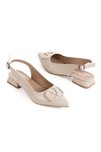 Elit 333 Beige Buckle Detailed Comfortable Women's Short Heeled Shoes