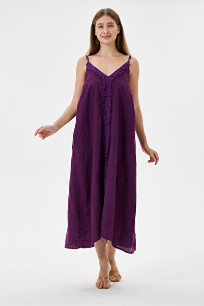 della moor Purple Italian 100% Linen Tassel Detailed Adjustable Shoulder Stra...