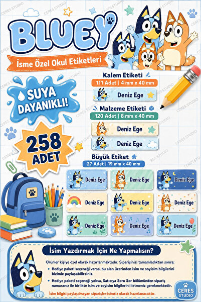 Ceres Studio Okul Etiketi Kalem Defter isimli Etiket Isim Yazılabilen Bluey T...