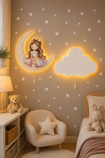 BugyBagy Ahşap 2'li Prenses Lamba Seti Yıldız Hediyeli Pilli LED Gece Lambala...