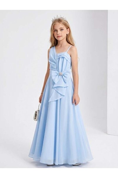 Zekids Girl's Asymmetrical Draped Detailed Bowknot Long Evening Dress