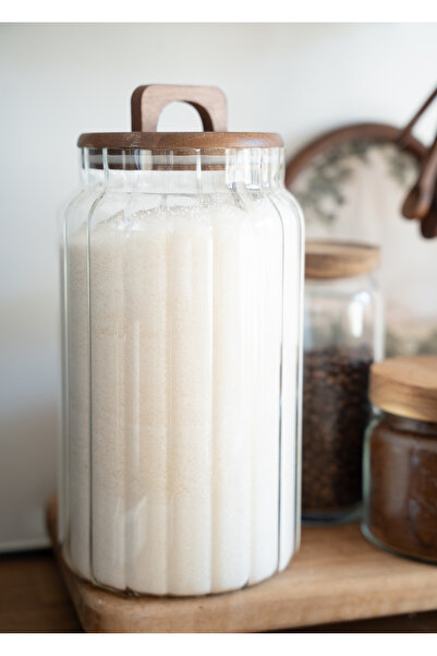 Dekorzdükkan Ligna 4000 ml Acacia Vacuum Lid Striped Glass Jar