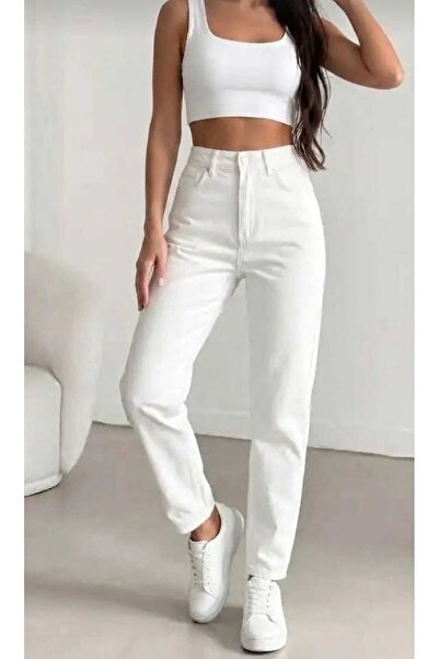 MAKRAS EXCLUSIVE Women's White High Waist Mom Jean Pants Stretchable