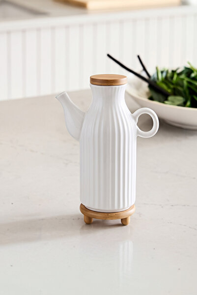 KHAKMA 1 Liter White Porcelain Oil Pot & Vinegar Pot with Wooden Stand – Styl...