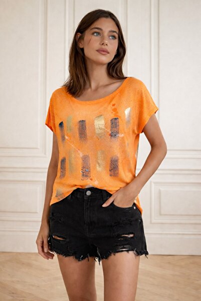 Okçu Triko Women's Patterned Short Sleeve Blouse 24Y55662-Orange_37