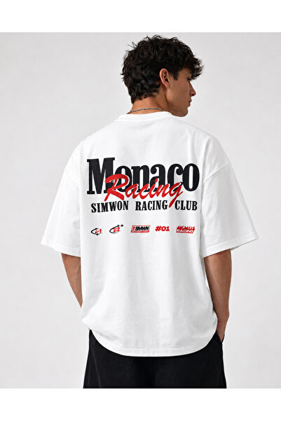 Modivibe Men's White Oversize Monaco Racing Printed 100% Cotton Crew Neck Sho...