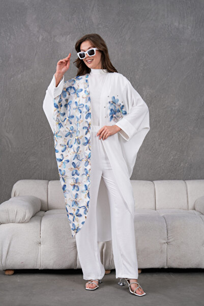 Moda Neval Kadın Çiçek İşlemeli Kimono Alt Üst Takım