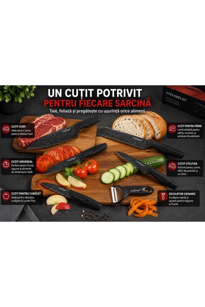 ANY SHOP MARKET Set Cuțite Cheffinger Home 6 Piese, 5 Cuțite + Decojitor Ceramic, Lame din Oțel Inoxidabil cu Acoperire Antiaderentă Tip Marmură, Mânere Ergonomice, Negru