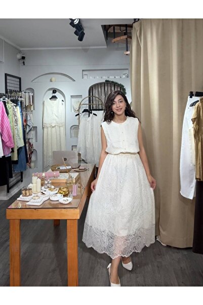 DipOL Butik Crew Neck Sleeveless Lace Blouse and Midi Skirt Two-Piece Set