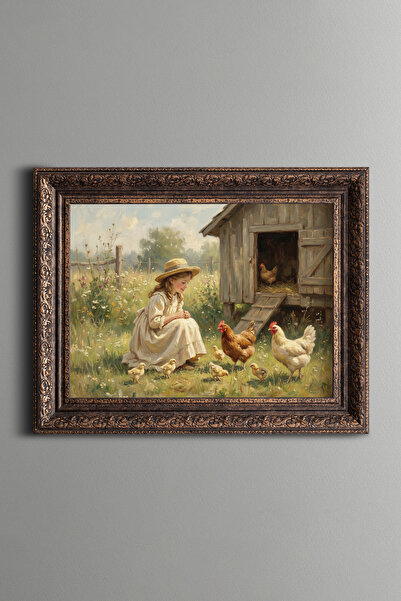 epiqart Girl in Hat and Chickens - Vintage Patterned Painting - Thick Model