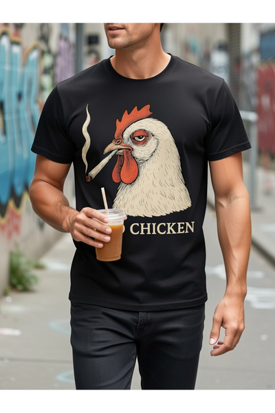 128 Casual Short Sleeve Round Neck T-Shirt with Cartoon Chicken Design for Pa...