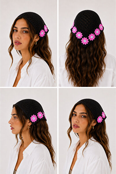 SEVMİŞ HOME Women's Knitted Bandana with Floral Motifs Summer Bohemian Hair B...