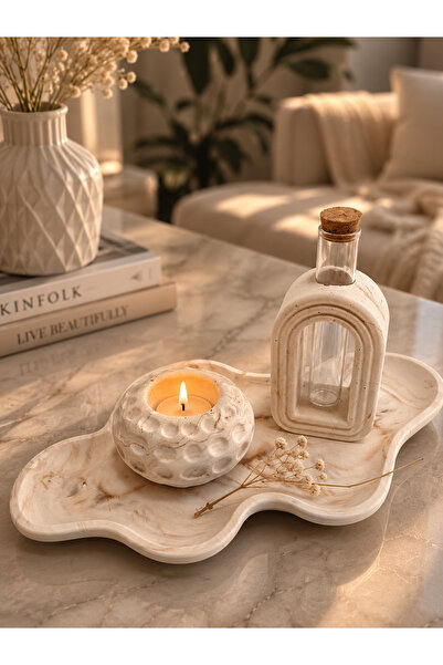 Sisay Home Mermer Desenli Dekoratif Tepsi Mumluk ve Cam Vazolu Minimal Ev Dek...