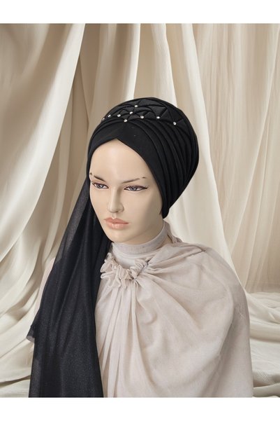 Nuray hazır duvak Black Glittery Zümra Model Moon Veil, Ready-Made Veil, Ready-Made Turban, Ready-Made Shawl