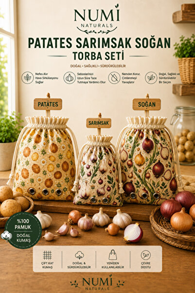 Patates, Soğan ve Sarımsak Saklama Torbası Seti – %100 Pamuk Nefes Alan Sebze Saklama Çantası (3'lü Set)