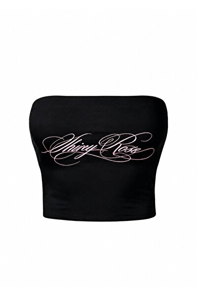 Violon Shiny Rose Caligrafic Writing Print Strapless Black Crop