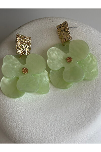 BHR AKSESUAR Gold Color Light Green Flower Earrings (6 cm)