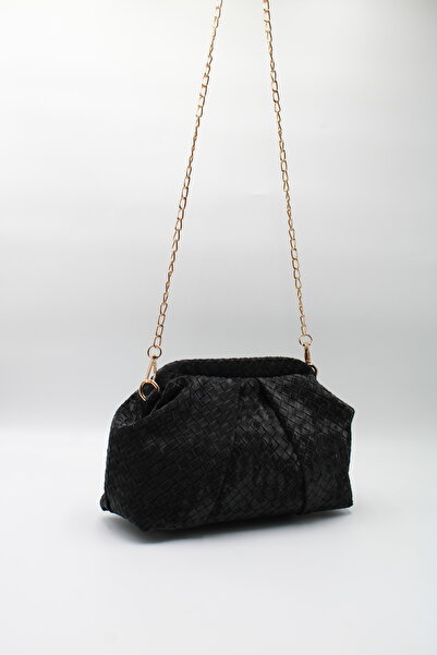 LASSO Kadın Siyah Süet Siyah Clutch Portföy Zincir Çapraz Askılı El ve Omuz Çantası
