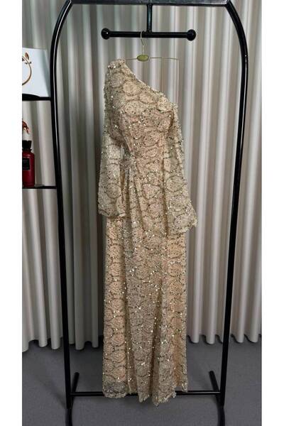 To Be Full Embroidery Beige Color Evening Dress