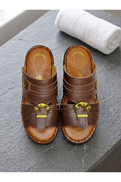 Chyfly Men Arabic Naal Sandals PU Leather Gold Buckle Ultra Massage Footbed A...