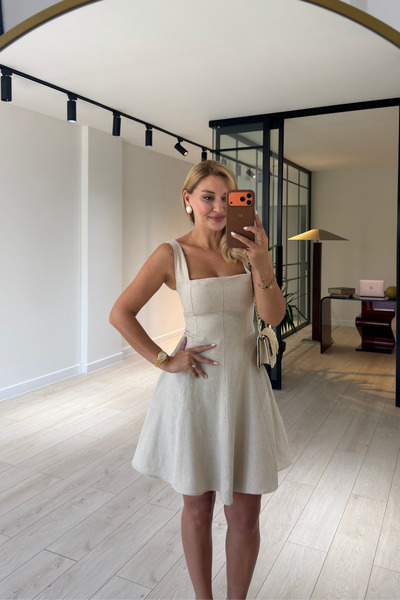 Sezgi Tekin Square Collar Natural Godeli Linen Dress