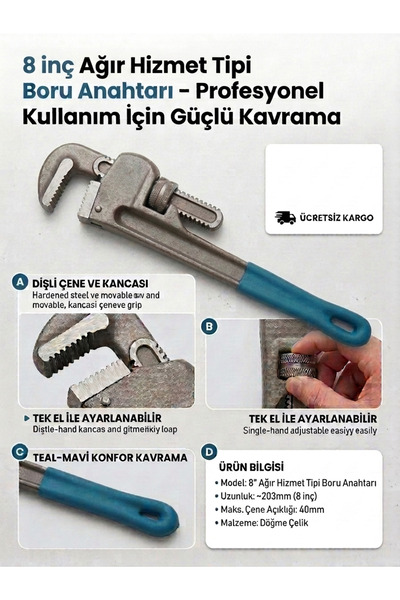 Genel Markalar Ağır Hizmet Tipi Ayarlı Boru Anahtarı (8"