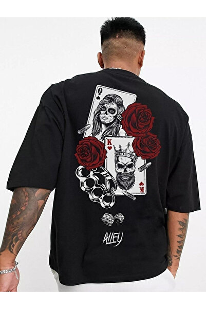 Flubutik Card Print Black Oversize Men's Short Sleeve T-Shirt