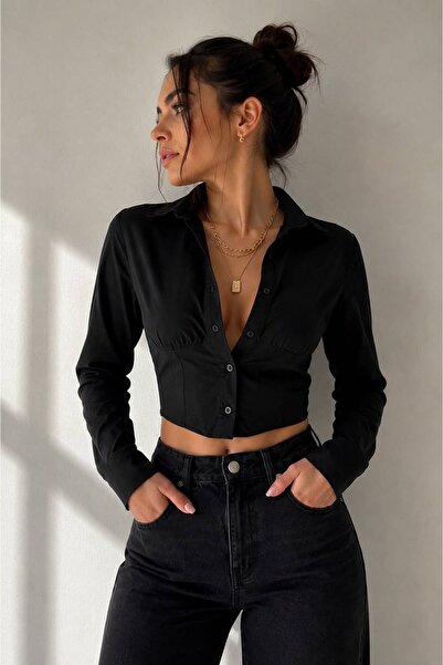 Gül Maison Women's Black Drawstring Detailed Crop Shirt