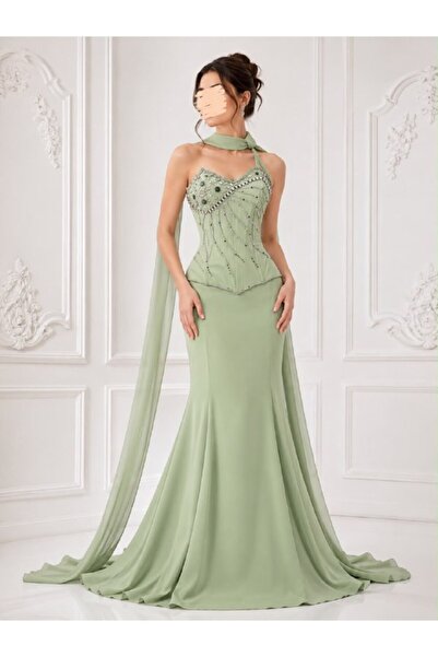 ranin Light Green Halter Evening Gown with Long Cape and Beading Mermaid Even...