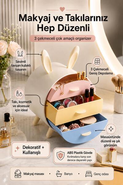 İLİVA 3 Çekmeceli Kozmetik Organizer – Takı, Makyaj, Aksesuar ve Çok Amaçlı M...