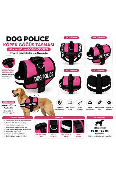 Mestore Dog Police Adjustable Dog Chest Harness Pink - Black (60-85 cm) - Kp-...