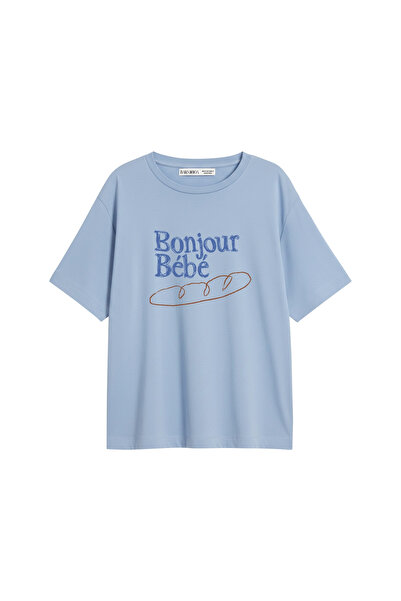 Sekizbiraltı Bonjour Bébé Printed Relaxed Fit Baby Blue Women's Tshirt