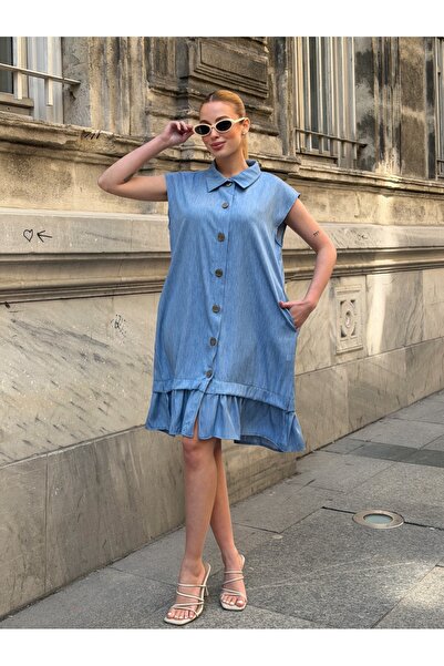 Royteks Fashion فستان نسائي من قماش التنسل بأزرار وتفاصيل من الدنيم مع كشكشة