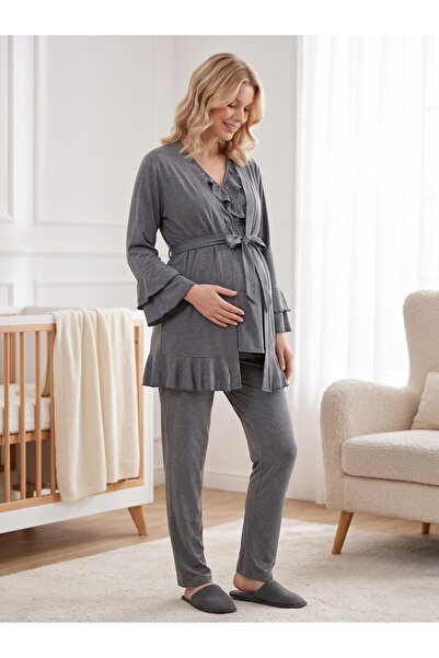 Lohusa Homewear New Season Smoked Melange Flounce Design with Easy Breastfeed...