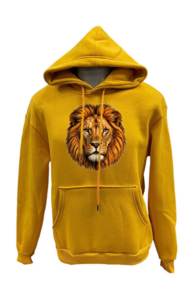 Aslan Baskılı, Kapüşonlu, kanguru cepli sweatshirt