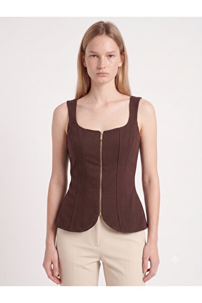 MOVİMENT Brown Halter Neck Zippered Scuba Crepe Knitted Vest