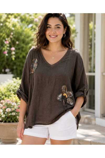 Butik Şans Women's Sequin Floral Detailed V-Neck Oversize Italian Linen Blouse