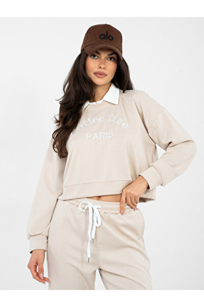 Italy Moda Long sleeve women's printed top, italian fashion, light beige casu...