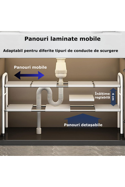 Simply Joy ®   Raft organizator extensibil cu 2 rafturi, 8 panouri detașabile, pentru casă, bucătărie, sub chiuvetă, baie, balcon, suport de depozitare, oțel inoxidabil, alb