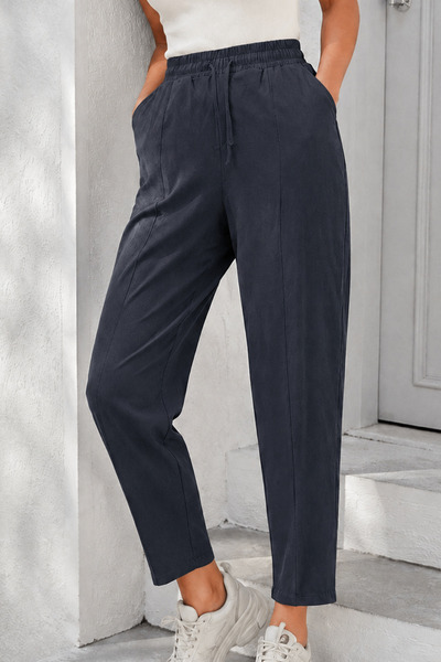 Rich Women's Black Woven Carrot Pants with Elastic Waist