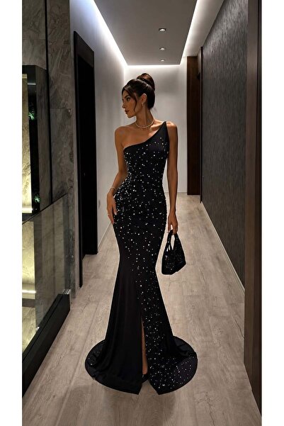 Modafeminen Black One-Shoulder Stone Detailed Slit Fish Tail Evening Dress 58...