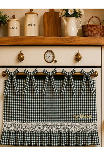 SP CONCEPT Yeşil Ekose My Kitchen Nakışlı Bağcıklı Fırın Perdesi