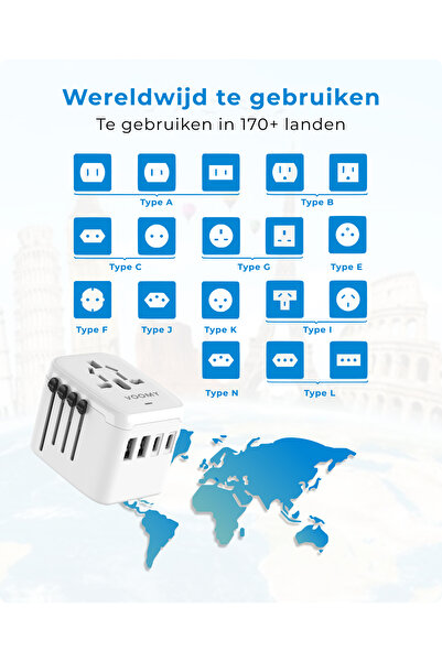 VOOMY Adaptor de călătorie pentru peste 170 de țări - 2 USB A și 2 USB C, alb