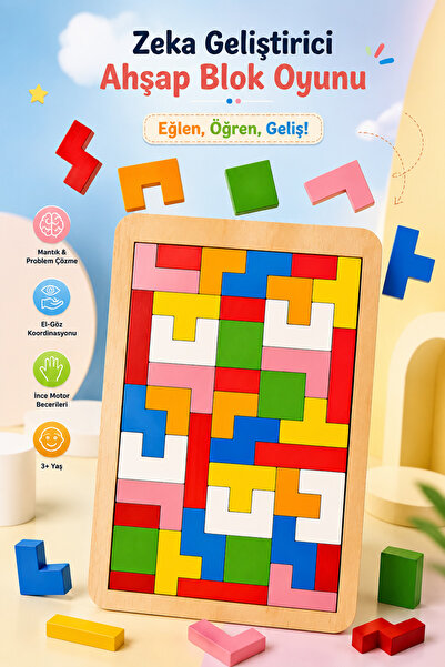 MİNGODAN Ahşap Tetris Zeka Oyunu Doğal Eğitici Puzzle Renkli Geometrik Blokla...