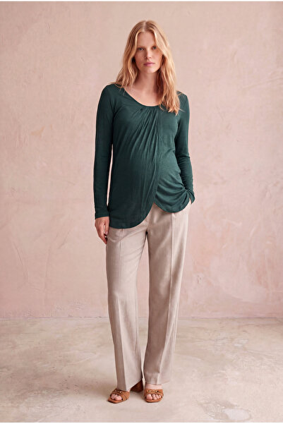 WESTMARK LONDON Maternity Green Viscose Crew Neck Long Sleeve Front Pleated A...