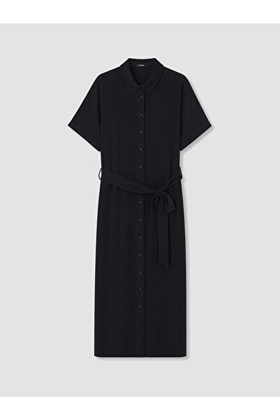 LC Waikiki Lcwaikiki Curve Black Plus Size Belted Shirt Dress