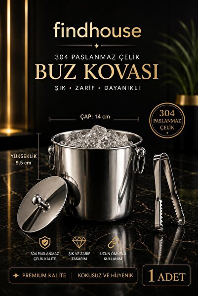 findhouse Premium Elite Termoslu Buz Kovası 304 Paslanmaz Çelik ve Buz Maşası...