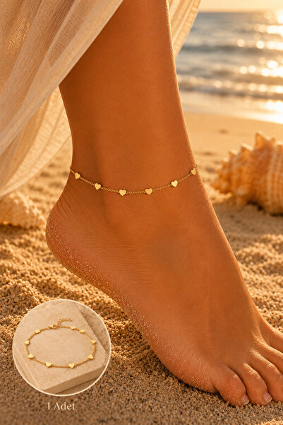 CAXBERN Heart Detailed Thin Sparkling Elegant Gold Chain Anklet